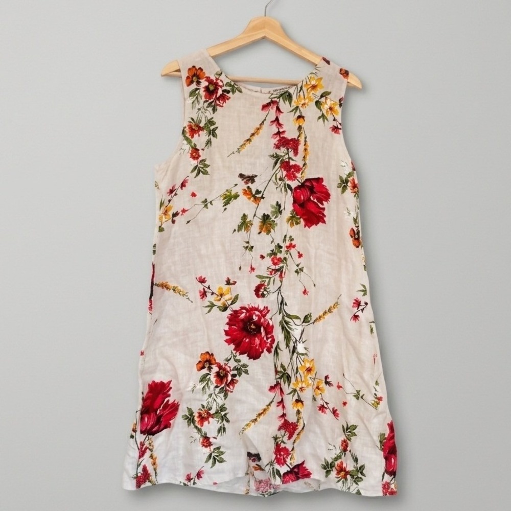 Terzo Millennio Italy 100% Linen Floral Shift Dress Red Poppy Cream Womens M